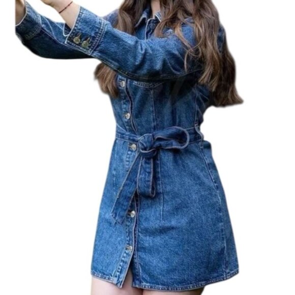 Love Cult Long Sleeve Button Down Belted Western Boho Denim Dress Size Large - Picture 2 of 9